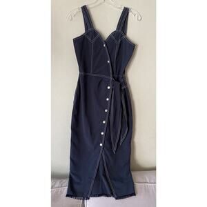 ASM Anna Button Front Navy White Stitching Midi‎ Blue Dress Size Small Coastal